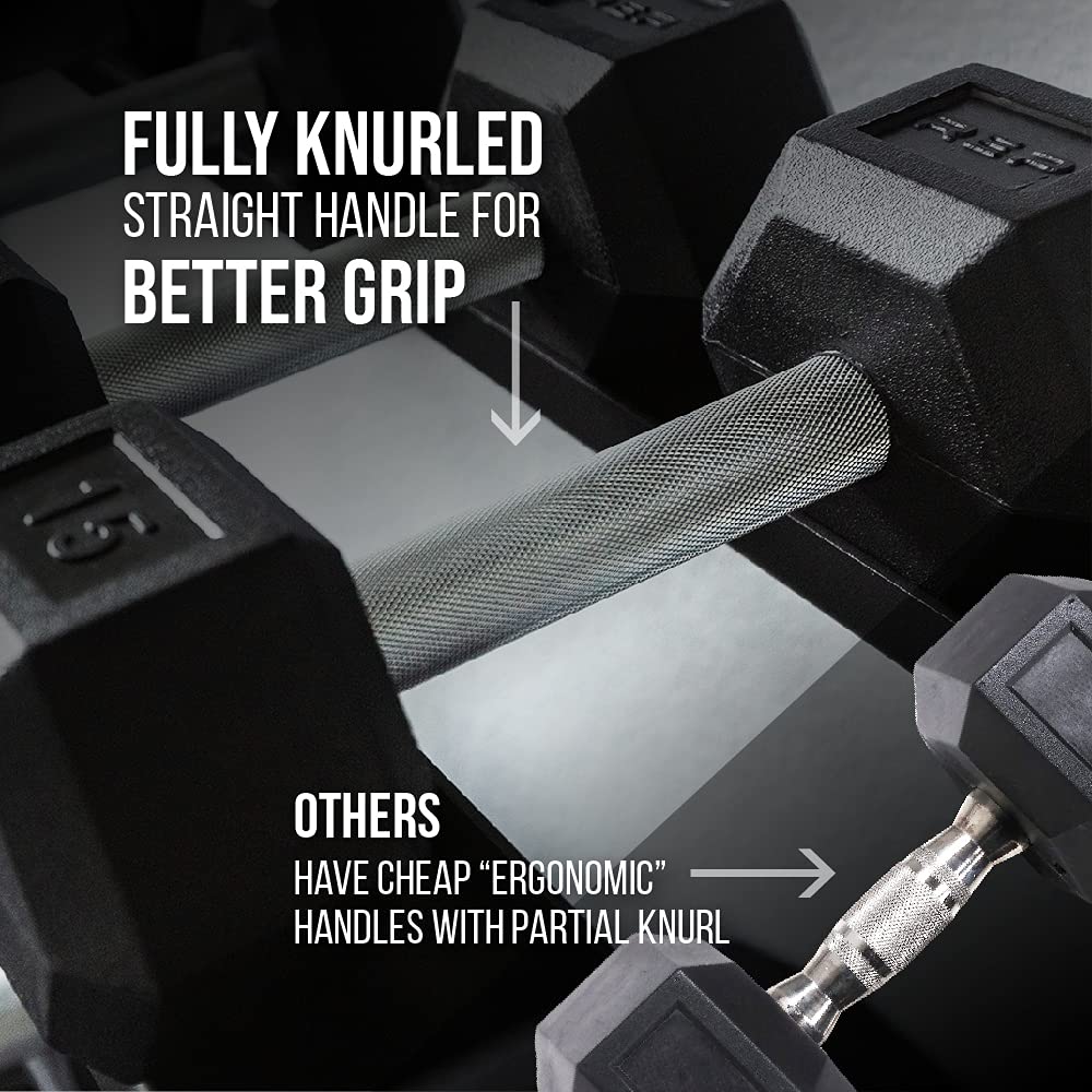 Rep 5-50 lb Rubber Hex Dumbbell Set with 3-Tier Dumbbell Rack and Flat Bench FB-3000