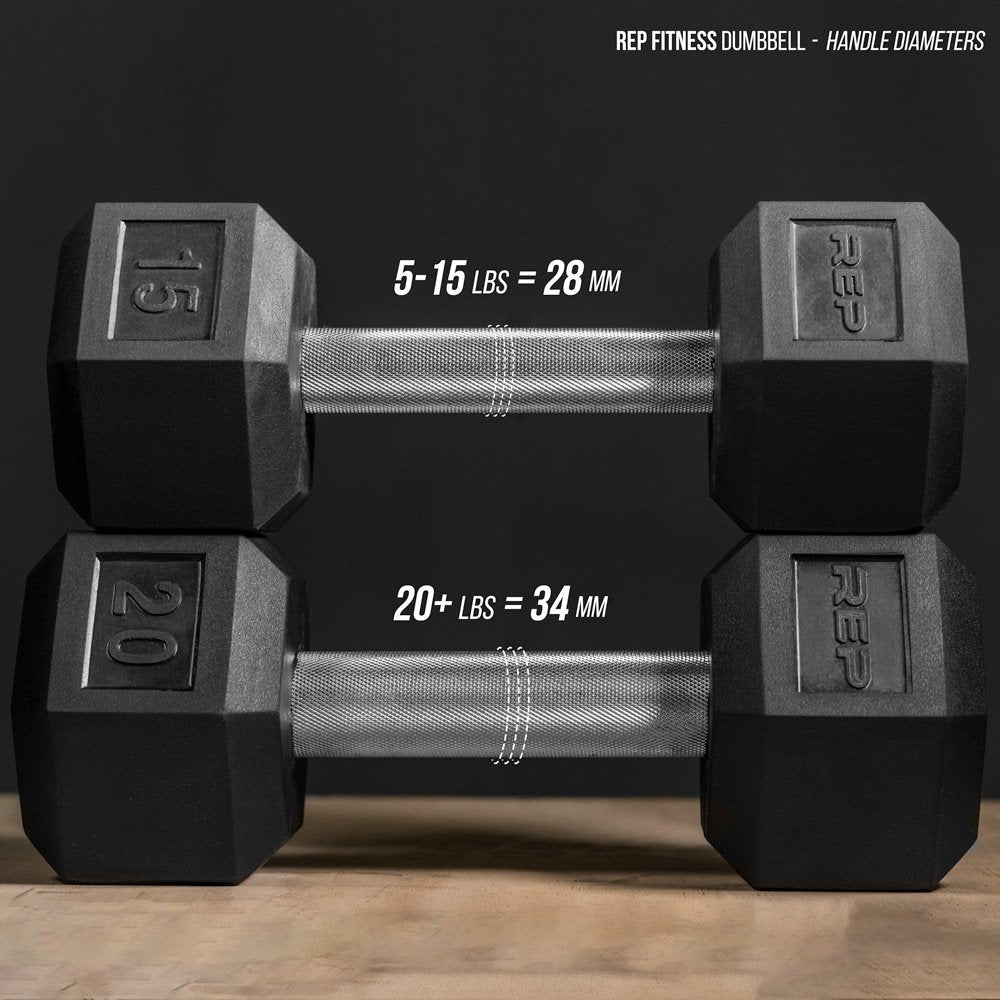 Rep 5-50 lb Rubber Hex Dumbbell Set with 3-Tier Dumbbell Rack and Flat Bench FB-3000