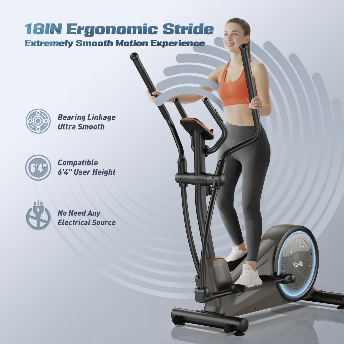 Niceday Elliptical Machine, Elliptical Exercise Machine for Home Use with Hyper-Quiet Magnetic Driving System,18IN Stride, 16 Resistance Levels, 400LBS Loading Capacity, App Supported