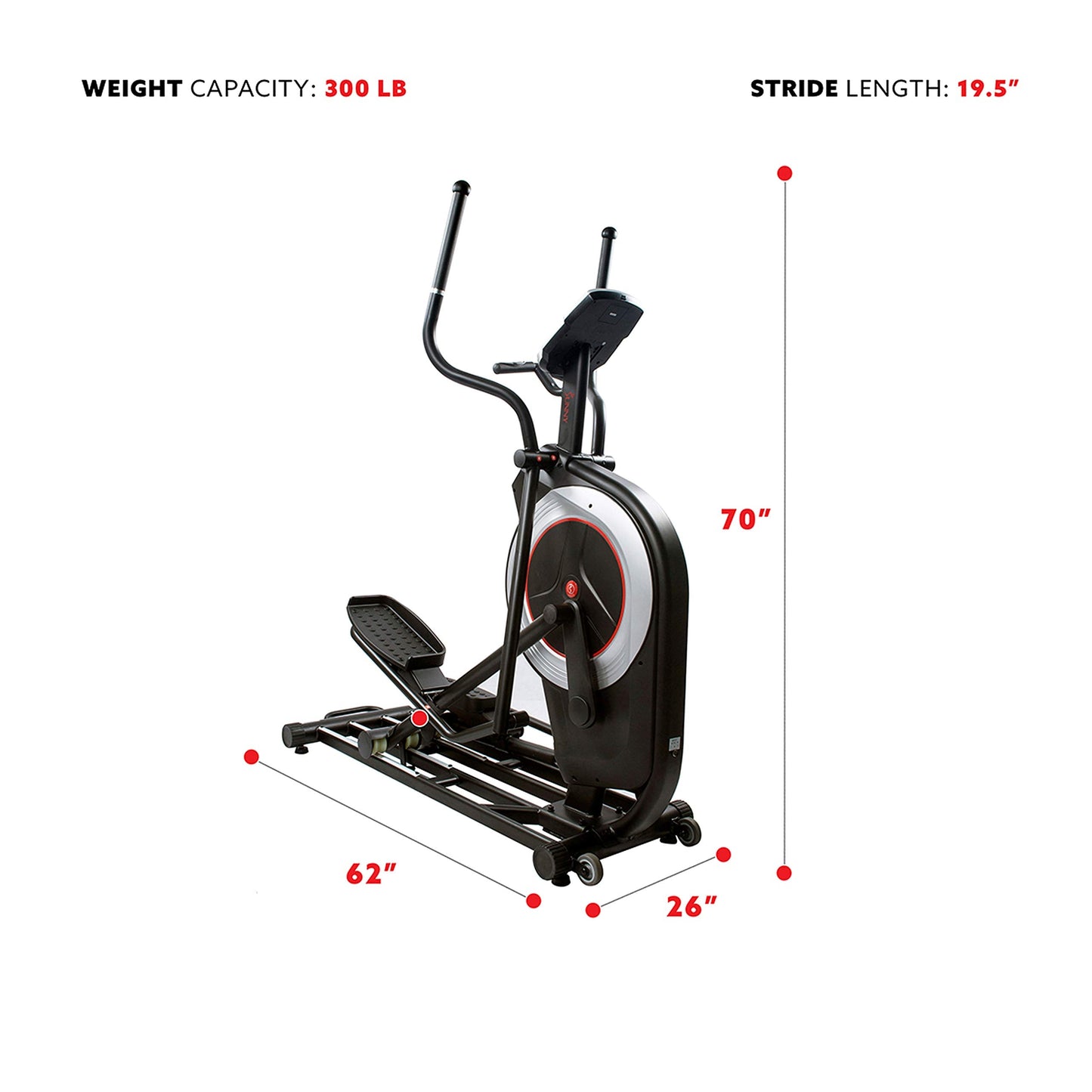 Sunny Health & Fitness Electric Eliptical Trainer Elliptical Machine w/Device Holder, Programmable Monitor and Heart Rate Monitoring, 300 LB Max Weight and 20" Stride - SF-E3875, Black