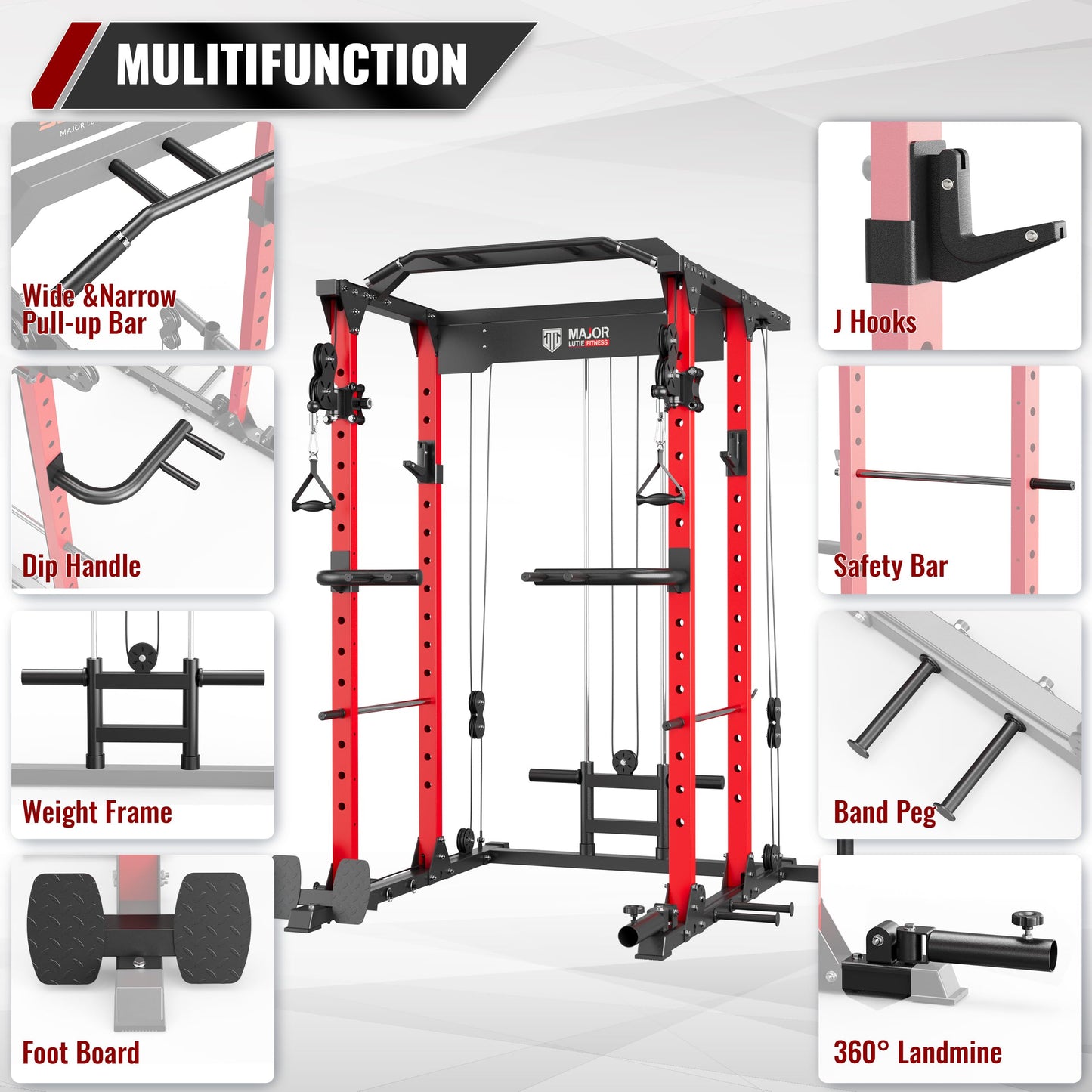 MAJOR LUTIE Fitness Power Cage with Weight Bench, PLM03 All-in-One 1400 lbs Capacity Multi-Function Power Rack with Adjustable Cable Crossover System and More Attachment 2023 Version (Red)