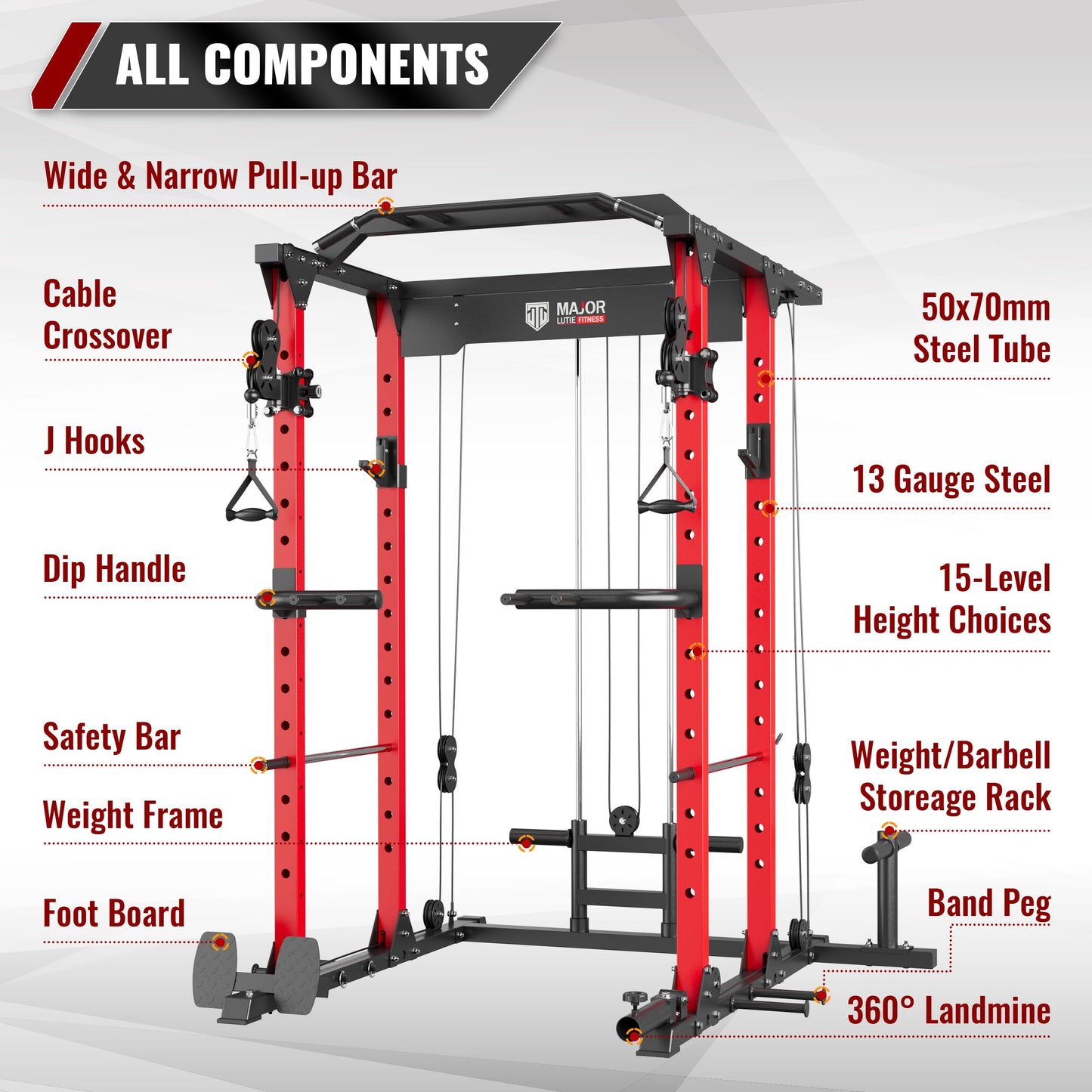 MAJOR LUTIE Fitness Power Cage with Weight Bench, PLM03 All-in-One 1400 lbs Capacity Multi-Function Power Rack with Adjustable Cable Crossover System and More Attachment 2023 Version (Red)