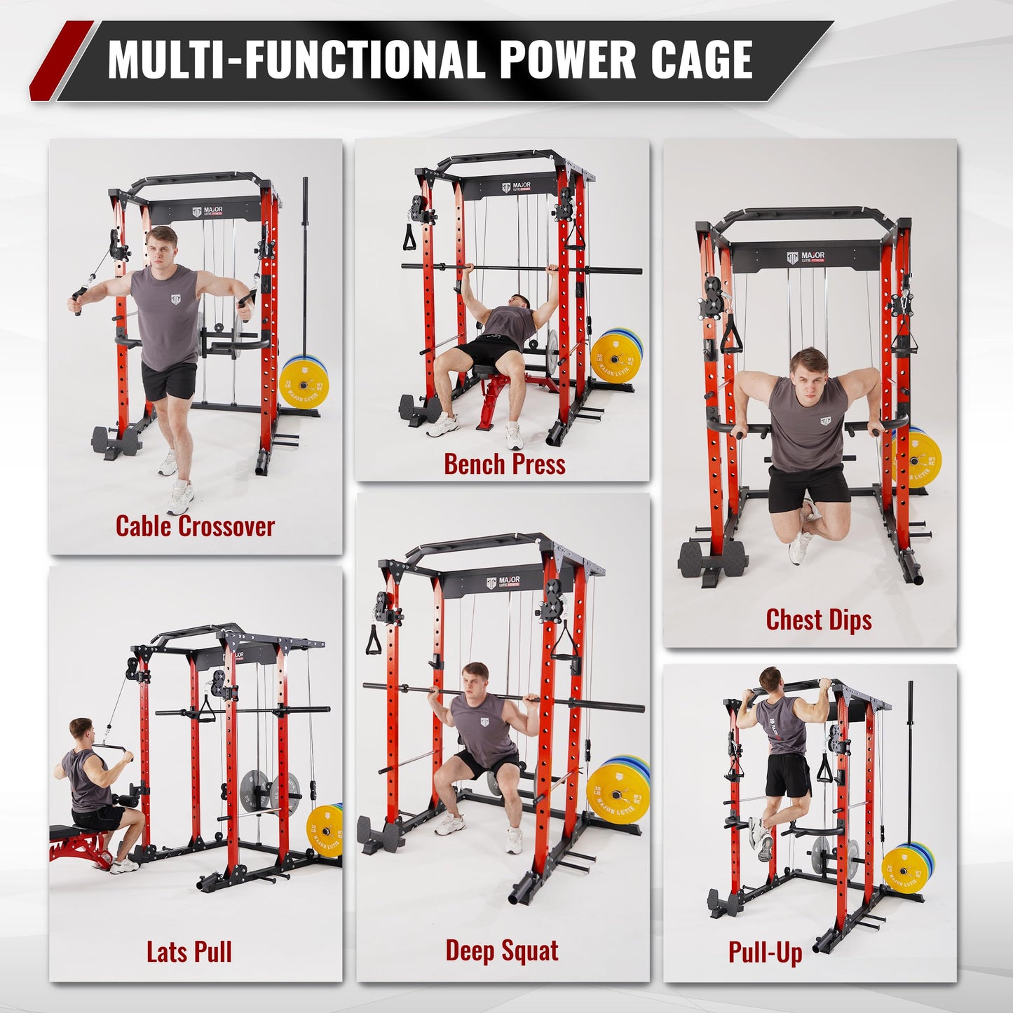 MAJOR LUTIE Fitness Power Cage with Weight Bench, PLM03 All-in-One 1400 lbs Capacity Multi-Function Power Rack with Adjustable Cable Crossover System and More Attachment 2023 Version (Red)