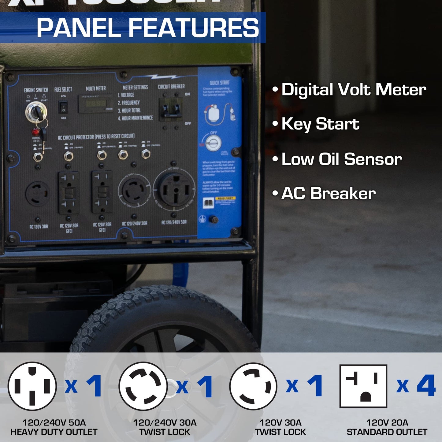 DuroMax XP15000EH Dual Fuel Portable Generator-15000 Watt Gas or Propane Powered Electric Start-Home Back Up & RV Ready, 50 State Approved, Blue and Black