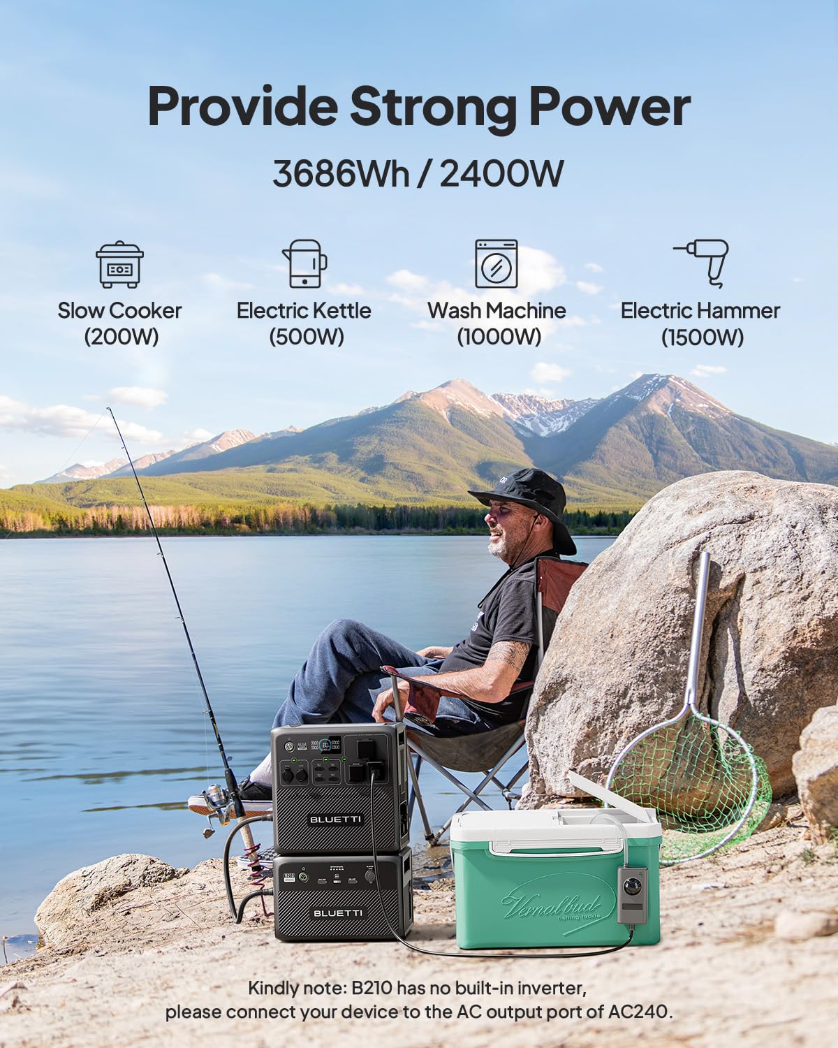 BLUETTI Portable Power Station AC240 and B210 External Battery, Expand to 3686Wh LiFePO4 Battery Backup w/ 3 2400W AC Outlets, IP65 Water Resistant Solar Generator, Home Backup Power for Camping, RV
