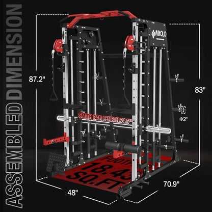Mikolo Smith Machine, 2200lbs Squat Rack with LAT-Pull Down System & Cable Crossover Machine, Training Equipment with Leg Hold-Down Attachment