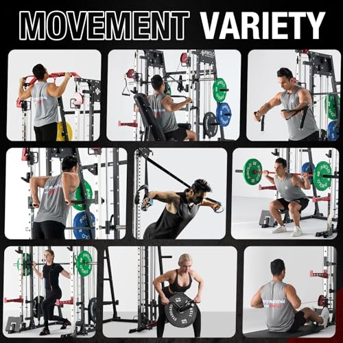 Mikolo Smith Machine, 2200lbs Squat Rack with LAT-Pull Down System & Cable Crossover Machine, Training Equipment with Leg Hold-Down Attachment