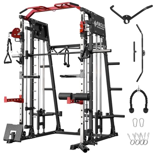 Mikolo Smith Machine, 2200lbs Squat Rack with LAT-Pull Down System & Cable Crossover Machine, Training Equipment with Leg Hold-Down Attachment