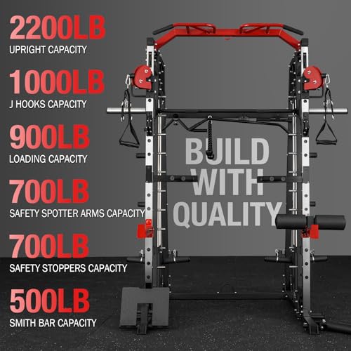 Mikolo Smith Machine, 2200lbs Squat Rack with LAT-Pull Down System & Cable Crossover Machine, Training Equipment with Leg Hold-Down Attachment