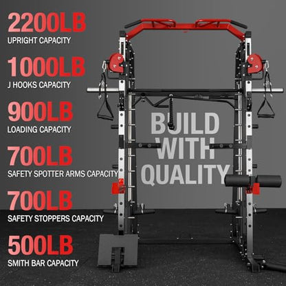 Mikolo Smith Machine, 2200lbs Squat Rack with LAT-Pull Down System & Cable Crossover Machine, Training Equipment with Leg Hold-Down Attachment
