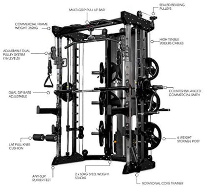 Commercial Home Gym - Smith Machine, Cables with Built in 160 kg Weights (Standard Black)