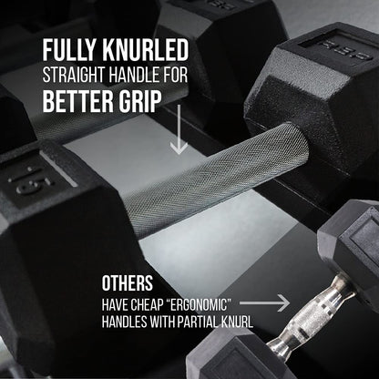 Rep 5-50 lb Rubber Hex Dumbbell Set with 3-Tier Dumbbell Rack and Flat Bench FB-3000
