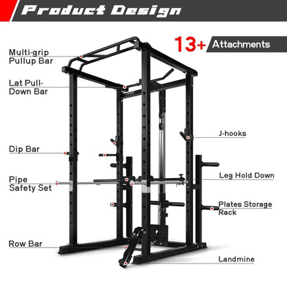 RitFit Squat Rack Power Cage Home Gym Package, includes 1000LBS Power Rack with LAT Pull Down, Weight Bench, Rubber/Bumper Plates Set with Olympic Barbell (Package 1.5K (Rubber Plate 230LBS))-Black