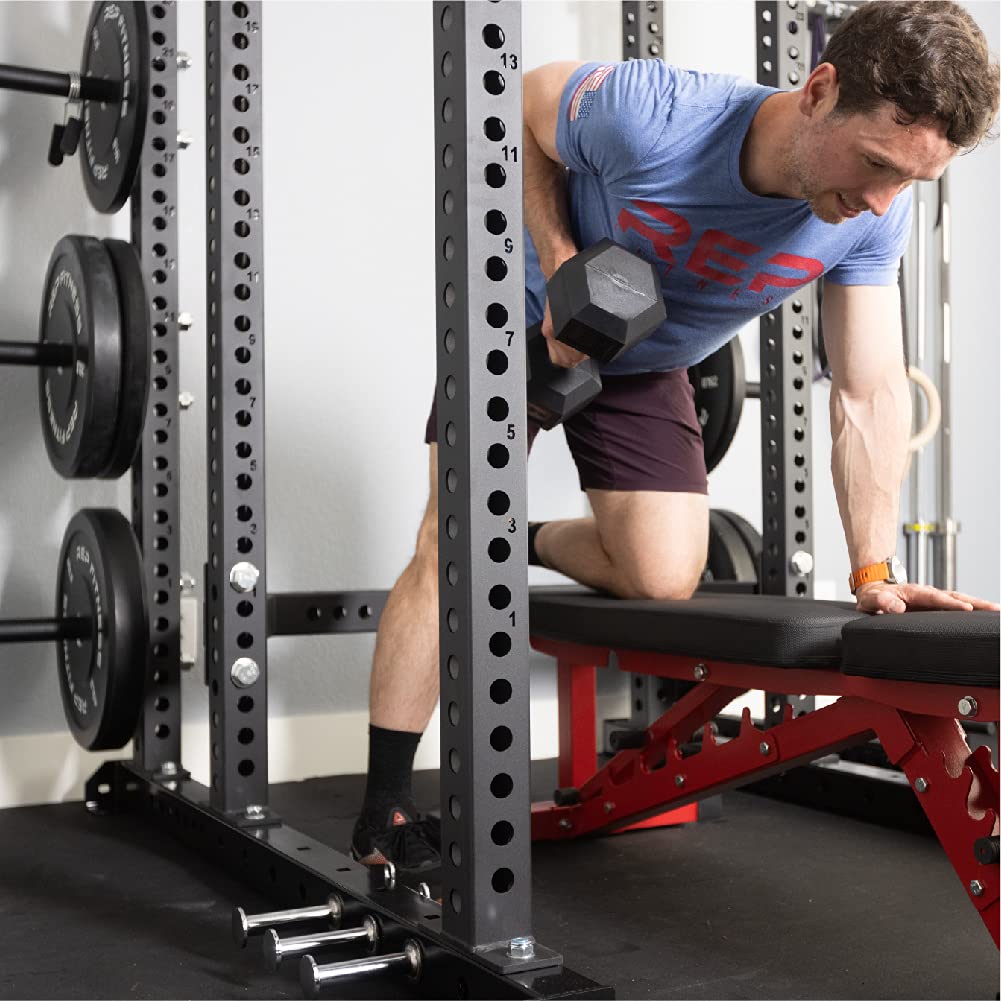 Rep 5-50 lb Rubber Hex Dumbbell Set with 3-Tier Dumbbell Rack and Flat Bench FB-3000
