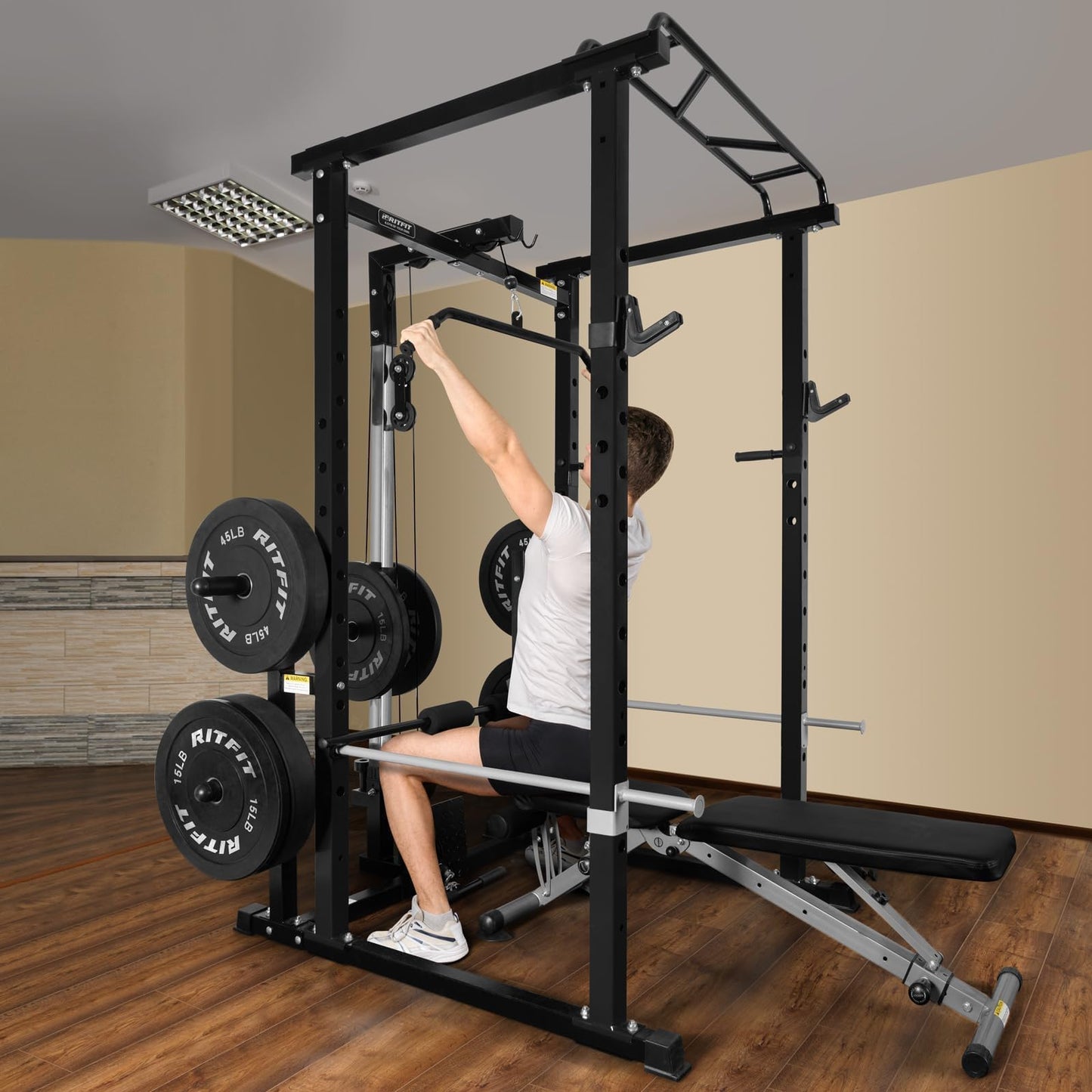 RitFit Squat Rack Power Cage Home Gym Package, includes 1000LBS Power Rack with LAT Pull Down, Weight Bench, Rubber/Bumper Plates Set with Olympic Barbell (Package 1.5K (Rubber Plate 230LBS))-Black