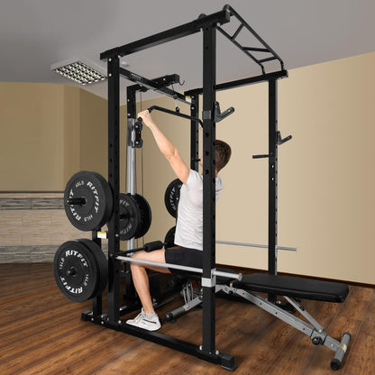 RitFit Squat Rack Power Cage Home Gym Package, includes 1000LBS Power Rack with LAT Pull Down, Weight Bench, Rubber/Bumper Plates Set with Olympic Barbell (Package 1.5K (Rubber Plate 230LBS))-Black