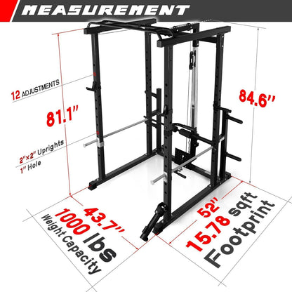 RitFit Squat Rack Power Cage Home Gym Package, includes 1000LBS Power Rack with LAT Pull Down, Weight Bench, Rubber/Bumper Plates Set with Olympic Barbell (Package 1.5K (Rubber Plate 230LBS))-Black