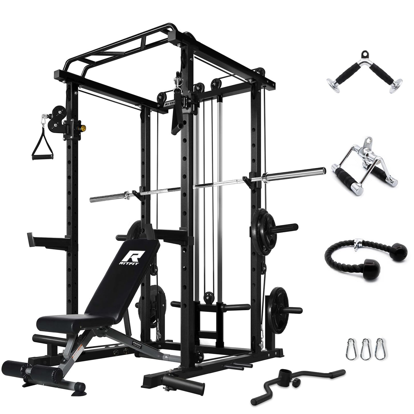 RitFit Multi-Function Garage & Home Gym Package includes 1000LBS Power Cage PPC03 with Cable Crossover System, Weight Bench, Olympic Barbell Weight Set, Full Body Workout-BLK,Rubber Plate 140lbs