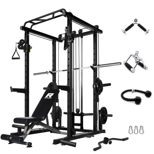 RitFit Multi-Function Garage & Home Gym Package includes 1000LBS Power Cage PPC03 with Cable Crossover System, Weight Bench, Olympic Barbell Weight Set, Full Body Workout-BLK,Rubber Plate 140lbs