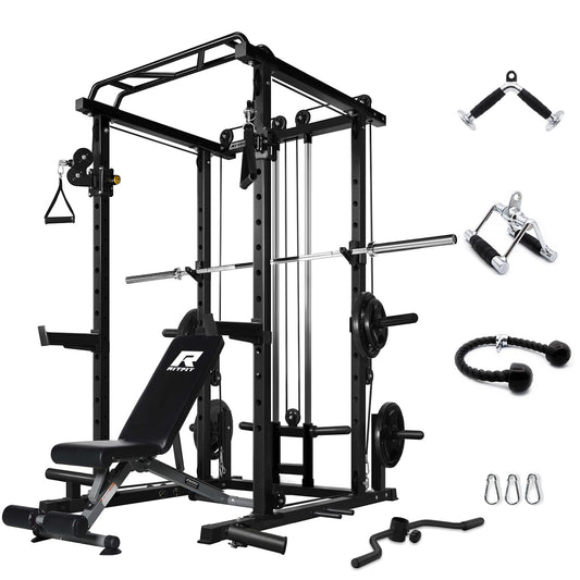 RitFit Multi-Function Garage & Home Gym Package includes 1000LBS Power Cage PPC03 with Cable Crossover System, Weight Bench, Olympic Barbell Weight Set, Full Body Workout-BLK,Rubber Plate 140lbs