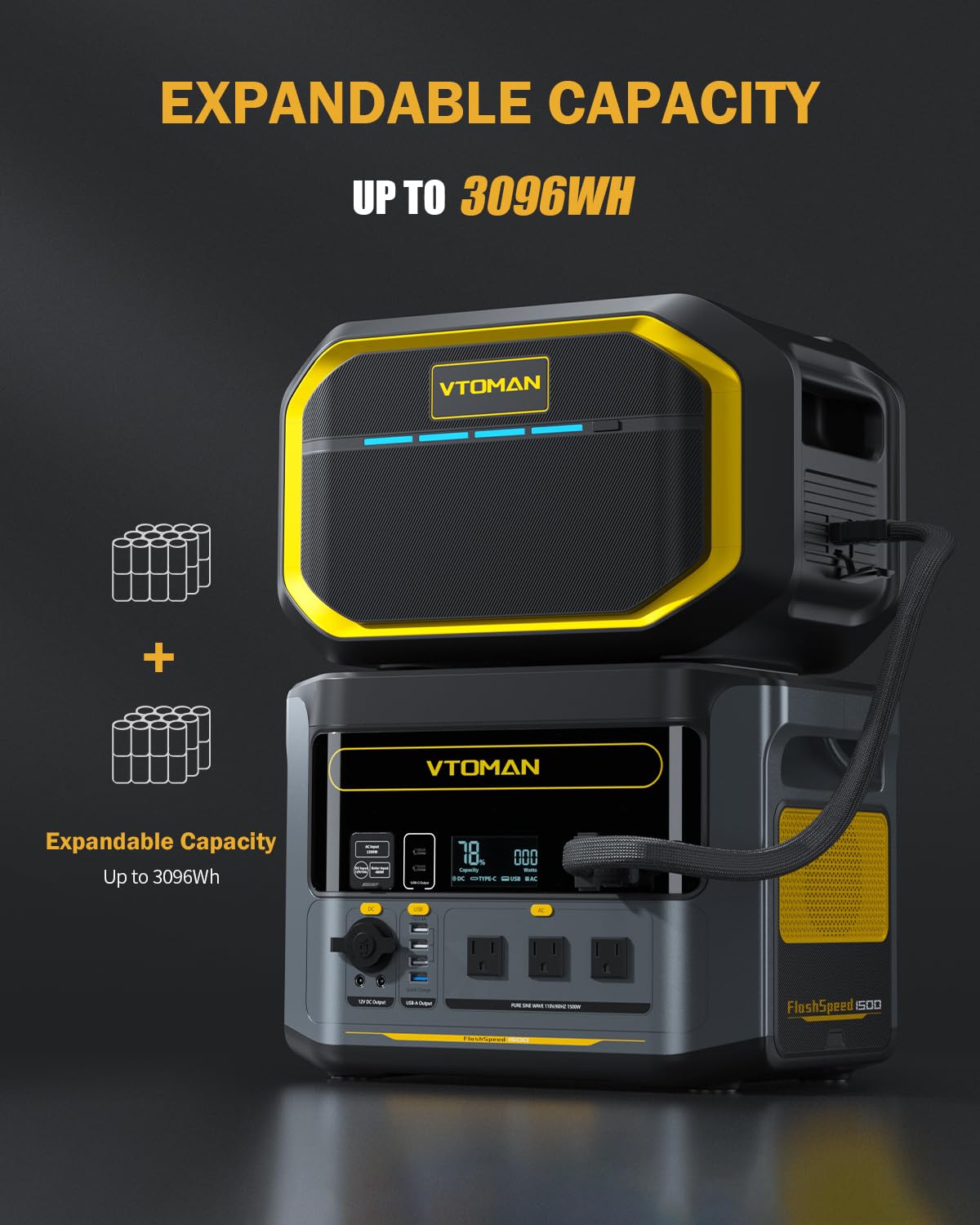 VTOMAN 3096Wh Portable Power Station with Extra Battery, 1500W (3000W Peak) LFP Battery Generator with Up to 12 Outputs, for Home Use, Outdoors, RV, Camping, Hunting, Traveling, Blackout Emergencies