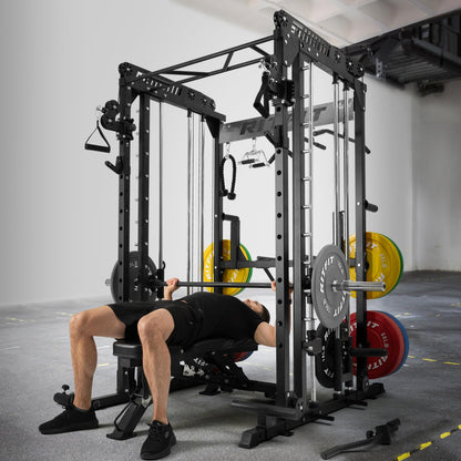 RitFit M1 Smith Machine with Cable Crossover System, Multi-function Squat Rack Power Cage for Home Gym, Power Rack and Packages