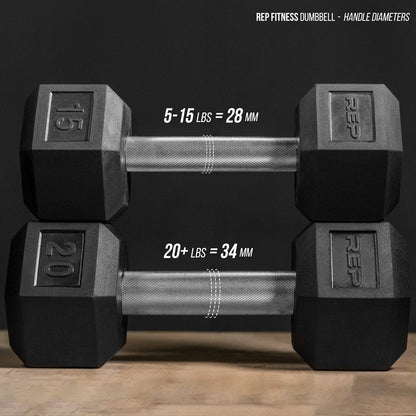Rep 5-50 lb Rubber Hex Dumbbell Set with 3-Tier Dumbbell Rack and Flat Bench FB-3000