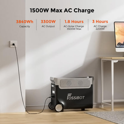 FOSSiBOT F3600 Portable Power Station, 3840Wh LiFePO4 Battery with 6×3300W(Surge 6600W) AC Outlets, 1.8H Full Charge, UPS, PD 100W, LED Flashlight, Solar Generator for Camping RV Home Use