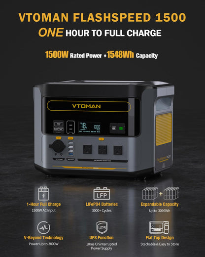 VTOMAN 3096Wh Portable Power Station with Extra Battery, 1500W (3000W Peak) LFP Battery Generator with Up to 12 Outputs, for Home Use, Outdoors, RV, Camping, Hunting, Traveling, Blackout Emergencies