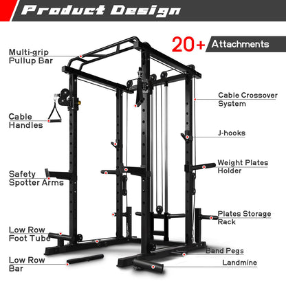 RitFit Multi-Function Garage & Home Gym Package includes 1000LBS Power Cage PPC03 with Cable Crossover System, Weight Bench, Olympic Barbell Weight Set, Full Body Workout-BLK,Rubber Plate 140lbs