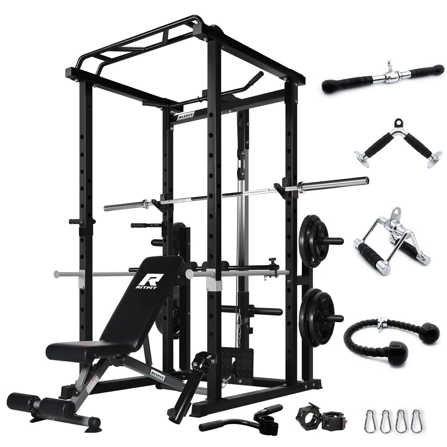 RitFit Squat Rack Power Cage Home Gym Package, includes 1000LBS Power Rack with LAT Pull Down, Weight Bench, Rubber/Bumper Plates Set with Olympic Barbell (Package 1.5K (Rubber Plate 230LBS))-Black