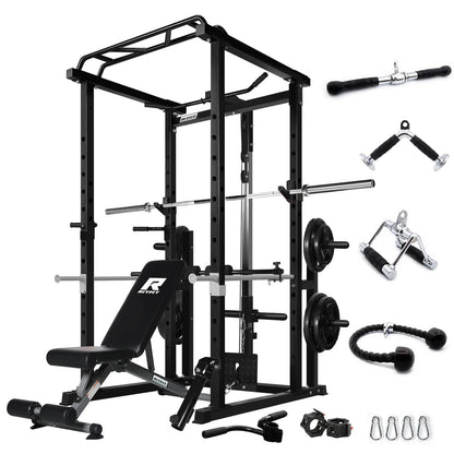 RitFit Squat Rack Power Cage Home Gym Package, includes 1000LBS Power Rack with LAT Pull Down, Weight Bench, Rubber/Bumper Plates Set with Olympic Barbell (Package 1.5K (Rubber Plate 230LBS))-Black