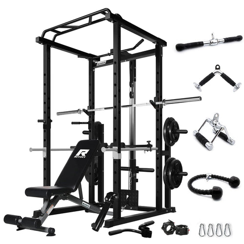 RitFit Squat Rack Power Cage Home Gym Package, includes 1000LBS Power Rack with LAT Pull Down, Weight Bench, Rubber/Bumper Plates Set with Olympic Barbell (Package 1.5K (Rubber Plate 230LBS))-Black