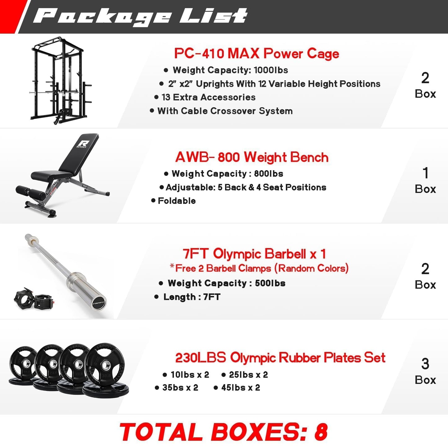 RitFit Squat Rack Power Cage Home Gym Package, includes 1000LBS Power Rack with LAT Pull Down, Weight Bench, Rubber/Bumper Plates Set with Olympic Barbell (Package 1.5K (Rubber Plate 230LBS))-Black