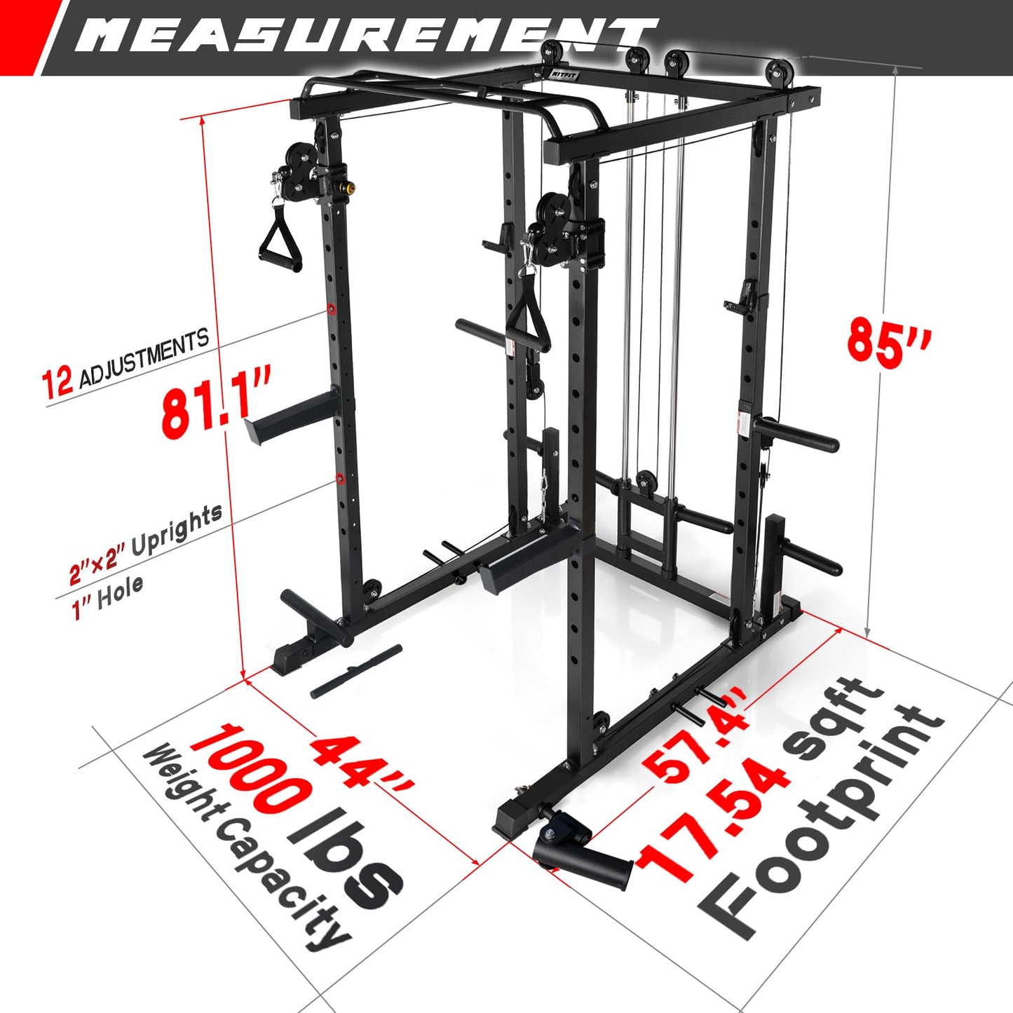 RitFit Multi-Function Garage & Home Gym Package includes 1000LBS Power Cage PPC03 with Cable Crossover System, Weight Bench, Olympic Barbell Weight Set, Full Body Workout-BLK,Rubber Plate 140lbs
