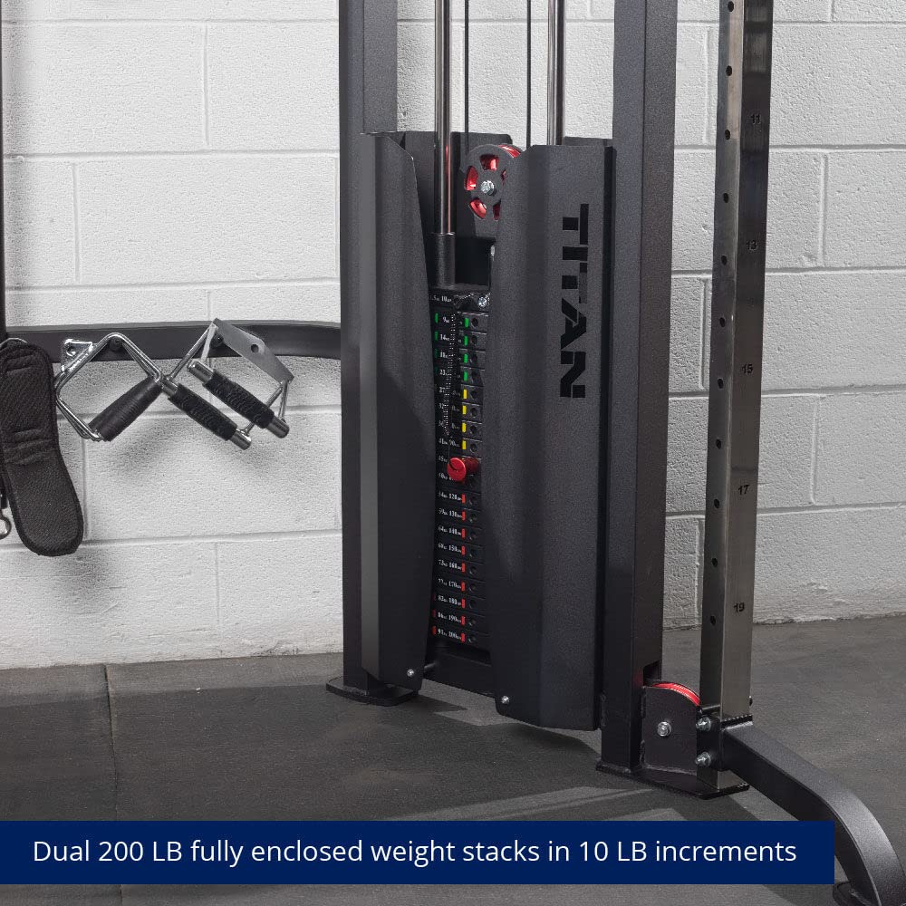 Titan Fitness Functional Trainer, Double Stack 200 LB 2:1 Cable Pull Station Trainer