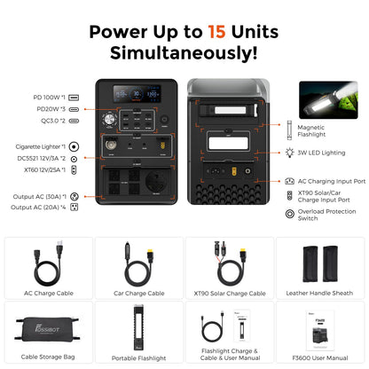 FOSSiBOT F3600 Portable Power Station, 3840Wh LiFePO4 Battery with 6×3300W(Surge 6600W) AC Outlets, 1.8H Full Charge, UPS, PD 100W, LED Flashlight, Solar Generator for Camping RV Home Use