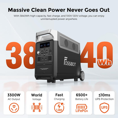 FOSSiBOT F3600 Portable Power Station, 3840Wh LiFePO4 Battery with 6×3300W(Surge 6600W) AC Outlets, 1.8H Full Charge, UPS, PD 100W, LED Flashlight, Solar Generator for Camping RV Home Use