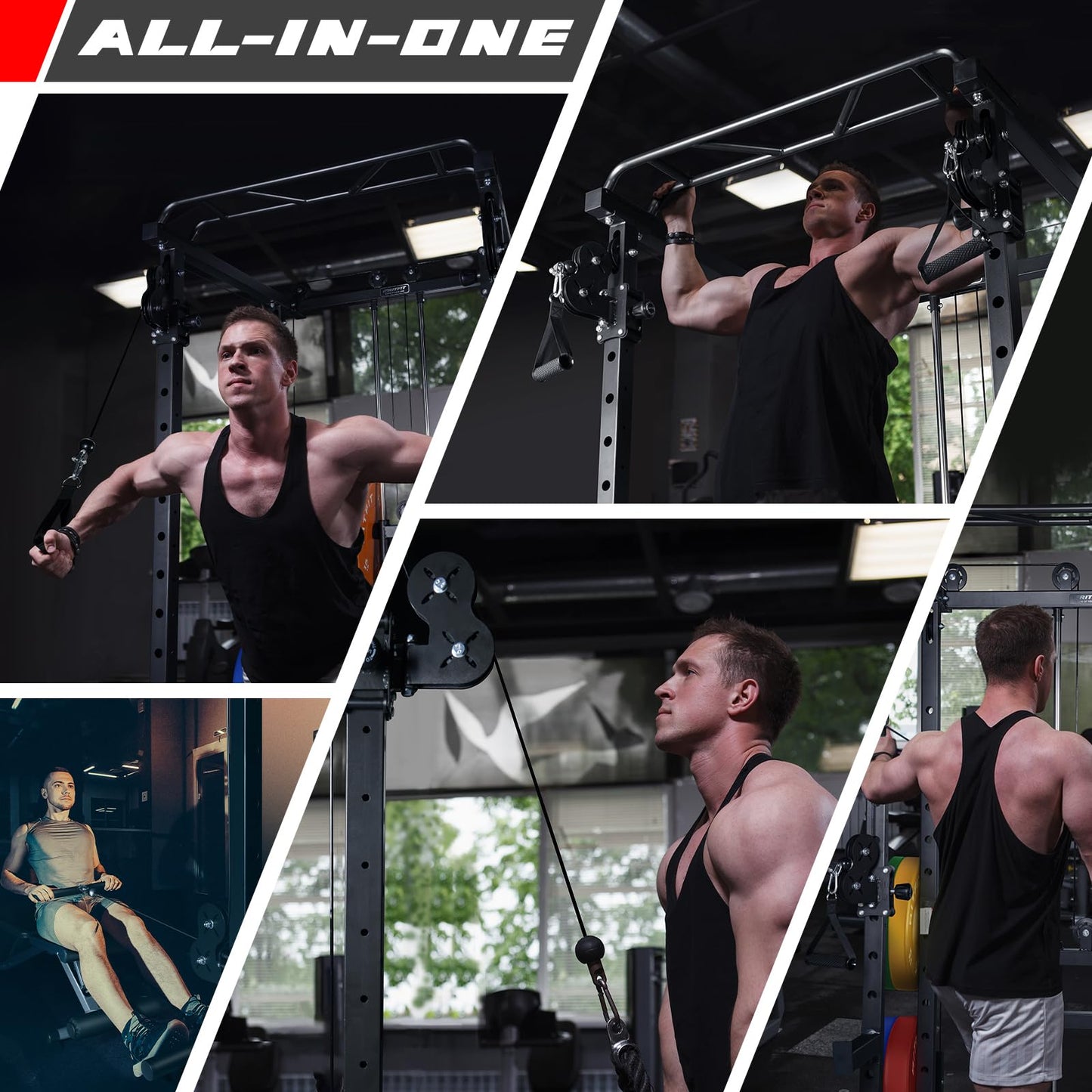 RitFit Multi-Function Garage & Home Gym Package includes 1000LBS Power Cage PPC03 with Cable Crossover System, Weight Bench, Olympic Barbell Weight Set, Full Body Workout-BLK,Rubber Plate 140lbs