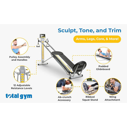 Total Gym FIT Home Fitness Folding Full Body Workout Exercise Equipment Machine with Ab Crunch Attachment, Training Deck, and Ribbed Squat Stand