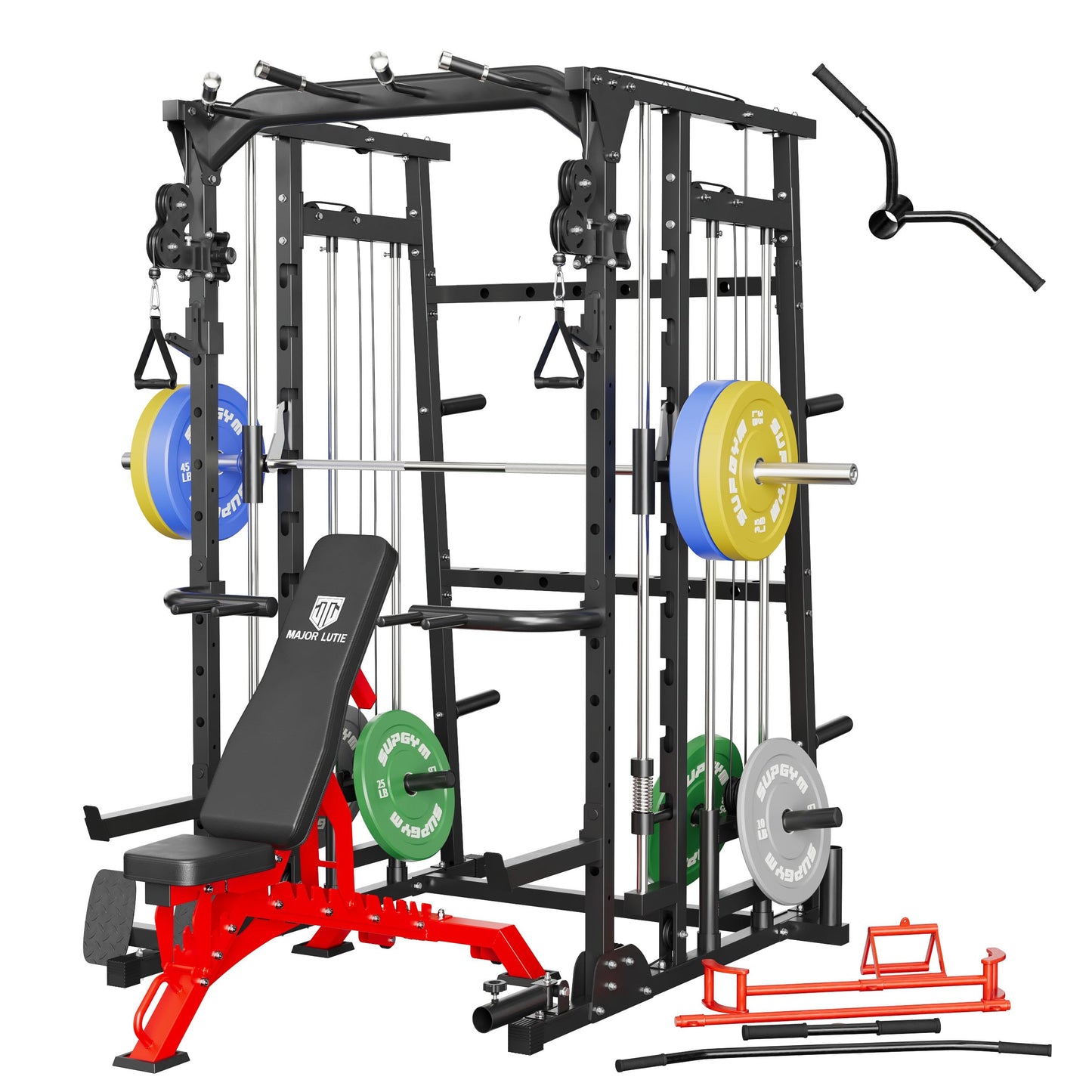 MAJOR LUTIE Fitness Smith Machine with Weight Bench and 230LBS Olympic Plates, SML07 All-In-One Home Gym Black Power Cage with Smith Bar and Two LAT Pull-Down Systems and Cable Crossover Machine Black