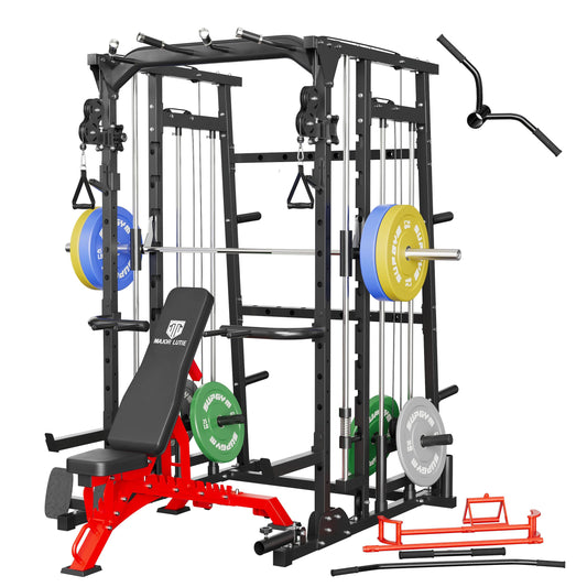 MAJOR LUTIE Fitness Smith Machine with Weight Bench and 230LBS Olympic Plates, SML07 All-In-One Home Gym Black Power Cage with Smith Bar and Two LAT Pull-Down Systems and Cable Crossover Machine Black