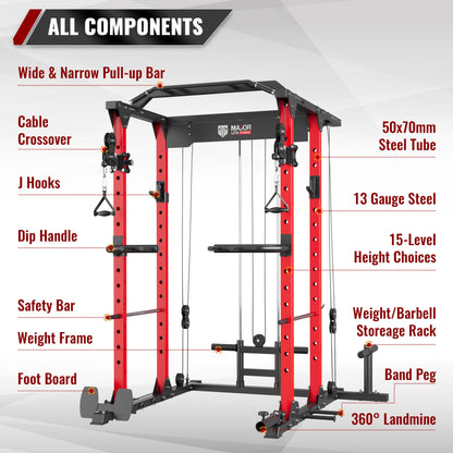 MAJOR LUTIE Fitness Power Cage with Weight Bench, PLM03 All-in-One 1400 lbs Capacity Multi-Function Power Rack with Adjustable Cable Crossover System and More Attachment 2023 Version (Red)