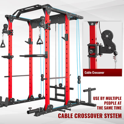 MAJOR LUTIE Fitness Power Cage with Weight Bench, PLM03 All-in-One 1400 lbs Capacity Multi-Function Power Rack with Adjustable Cable Crossover System and More Attachment 2023 Version (Red)