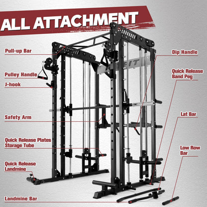 RitFit M1 Smith Machine with Cable Crossover System, Multi-function Squat Rack Power Cage for Home Gym, Power Rack and Packages