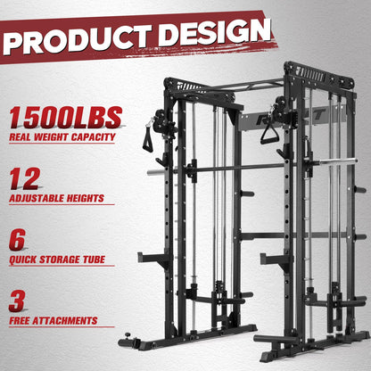 RitFit M1 Smith Machine with Cable Crossover System, Multi-function Squat Rack Power Cage for Home Gym, Power Rack and Packages