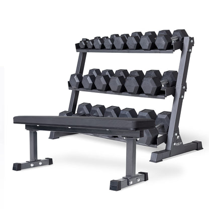 Rep 5-50 lb Rubber Hex Dumbbell Set with 3-Tier Dumbbell Rack and Flat Bench FB-3000