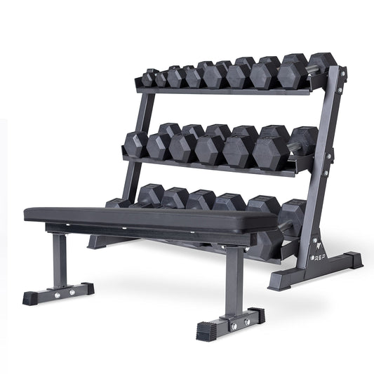 Rep 5-50 lb Rubber Hex Dumbbell Set with 3-Tier Dumbbell Rack and Flat Bench FB-3000