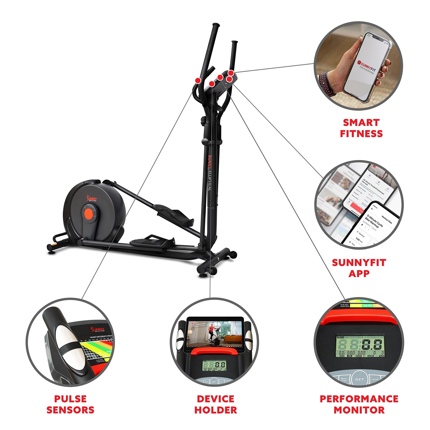 Sunny Health & Fitness Power Stride SMART Elliptical Machine Trainer with 16-Level Magnetic Resistance, Advanced Flywheel and Exclusive SunnyFit® App Enhanced Bluetooth Connectivity - SF-E321005