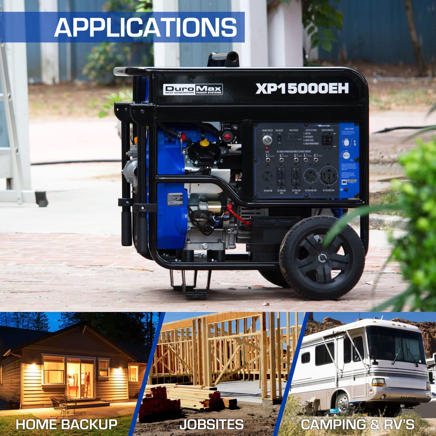 DuroMax XP15000EH Dual Fuel Portable Generator-15000 Watt Gas or Propane Powered Electric Start-Home Back Up & RV Ready, 50 State Approved, Blue and Black